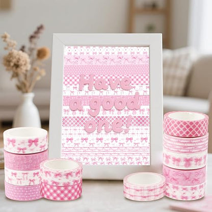 12 Rolls Pink Bow Washi Tape, Bowknot Plaid Adhesive Masking Tapes Decorative - Image 6