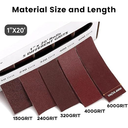 Emery Cloth Roll, 5 Grits 1'' x 20FT Abrasive Sandpaper Roll - Image 2