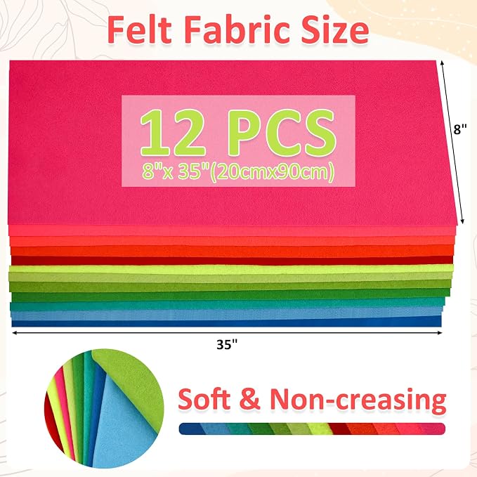 XSEINO 12 Rolls 8"x35" 1.4mm Thick Soft Felt Fabric Sheet 12 Assorted Neon - Image 3