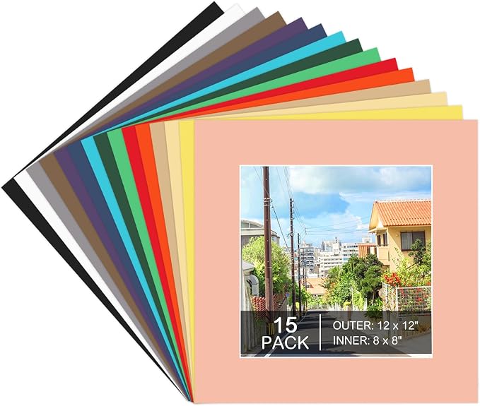 15 Pack 12x12 Picture Mats, Mixed Colors Frame Mattes by Prudiut