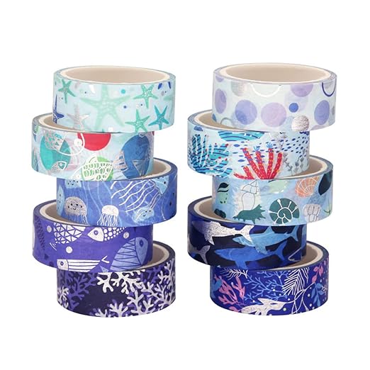 Blue Ocean Washi Tape Set 10 Rolls Bronzing Sea Decorative Masking Tapes - Image 3