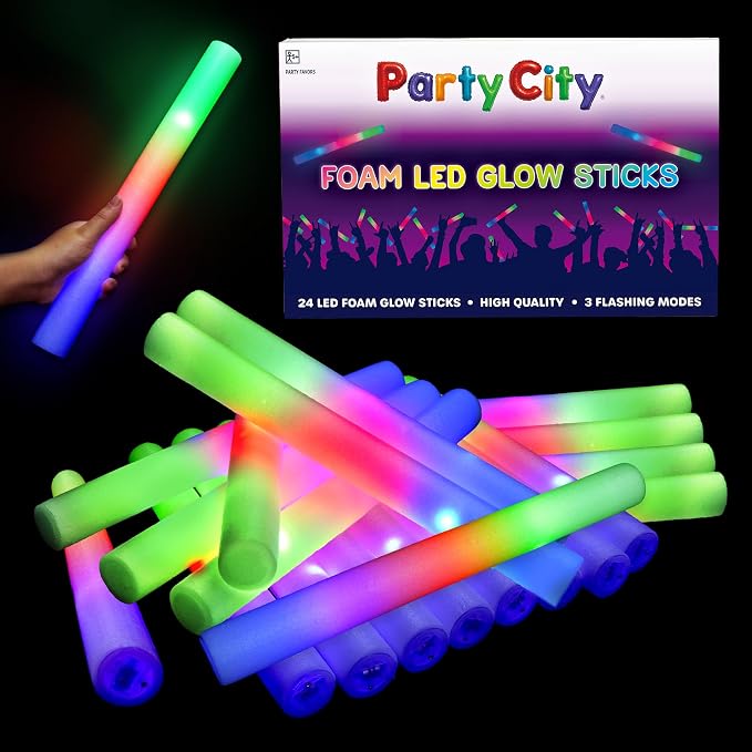 Party City 24pk LED Foam Glow Sticks 14”- Glow in the Dark Party Supplies Favors by PartyCity