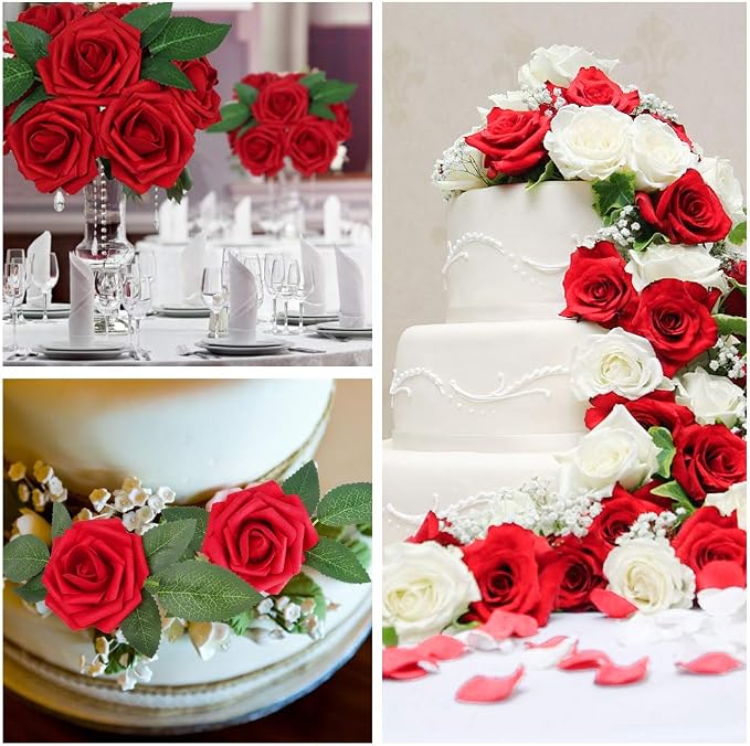 AmyHomie Artificial Flowers Dark Red Rose 50pcs Real Looking Fake Roses w/Stem - Image 6