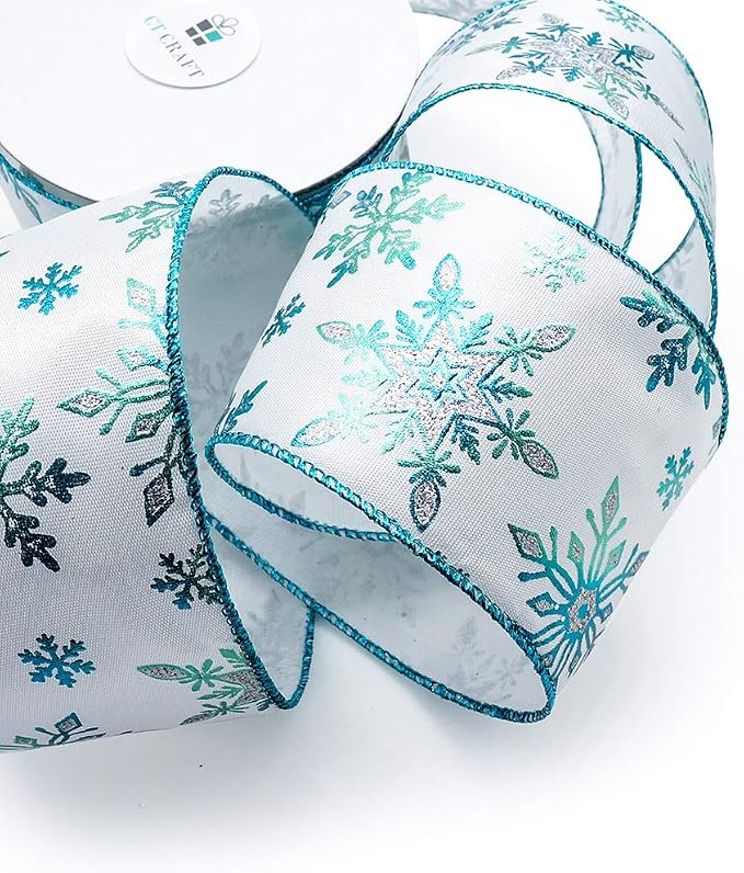 CT CRAFT LLC Satin with Blue Snowflake Wired Ribbon 2.5 Inch x 10 Yards - Image 3