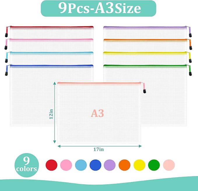 9pcs Mesh Zipper Pouch Bags, A3 Sizes, 9 Colors, Board Game Storage, Office - Image 2