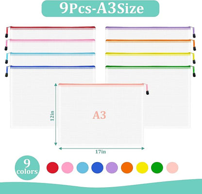 9pcs Mesh Zipper Pouch Bags, A3 Sizes, 9 Colors, Board Game Storage, Office - Image 2