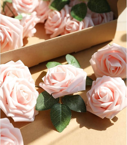 AmyHomie Artificial Flower Blush Pink Rose 25pcs Real Looking Fake Roses w/Stem - Image 3