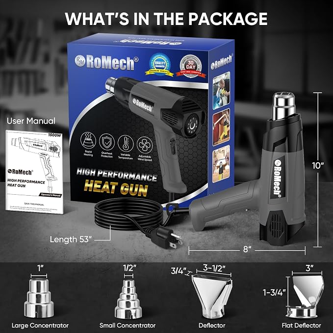 ROMECH 1500W Heavy Duty Heat Gun, Variable Temperature Control Hot Air Gun Kit - Image 7