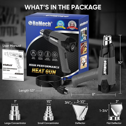 ROMECH 1500W Heavy Duty Heat Gun, Variable Temperature Control Hot Air Gun Kit - Image 7