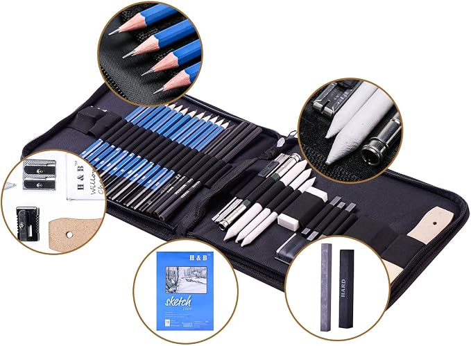H & B 33 Pieces Drawing Pencils Set, Sketching Pencils Set & Drawing Kit - Image 2