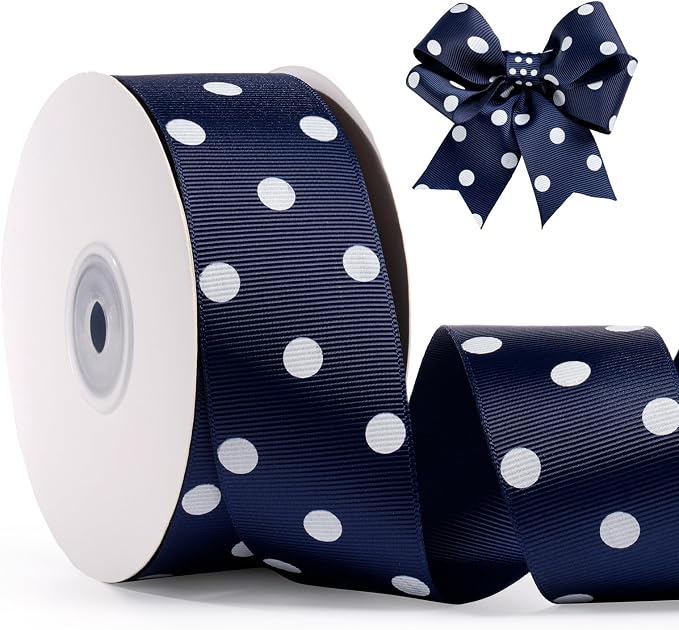 Polka Dot Grosgrain Ribbon 1.5 Inch, 25 Yards Spool Navy Blue and White Dot by FAKILO
