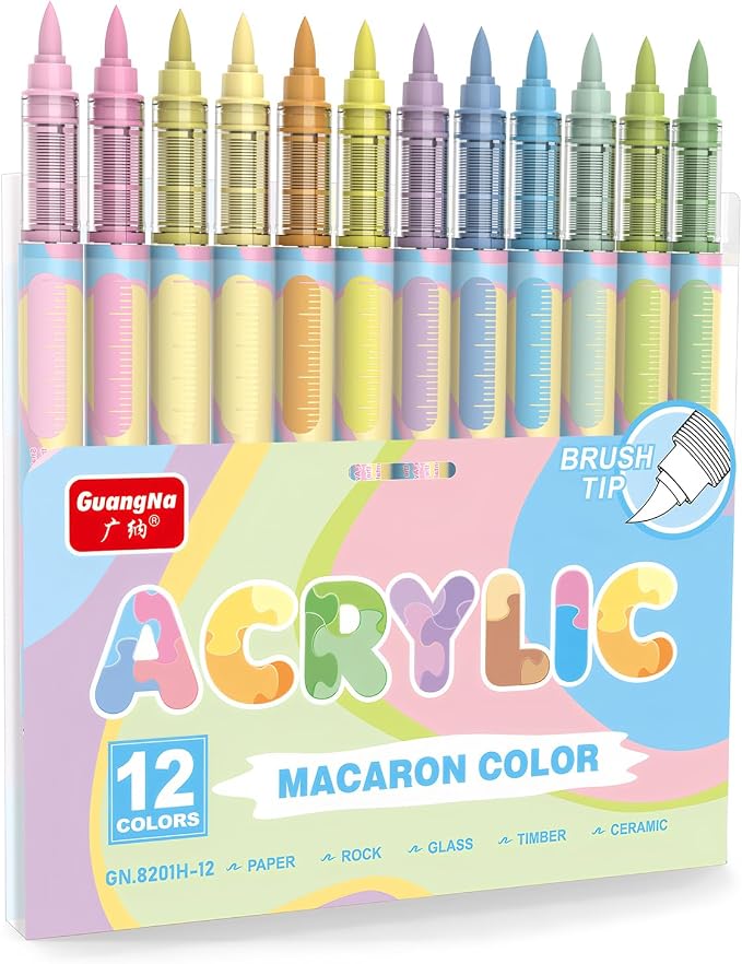 Guangna 12 Macaron Acrylic Paint Markers Set, Brush Tip Acrylic Paint Pens by GuangnaArtSupplies