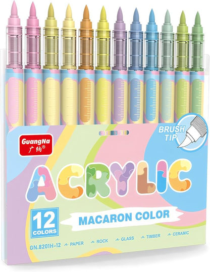 Guangna 12 Macaron Acrylic Paint Markers Set, Brush Tip Acrylic Paint Pens by GuangnaArtSupplies