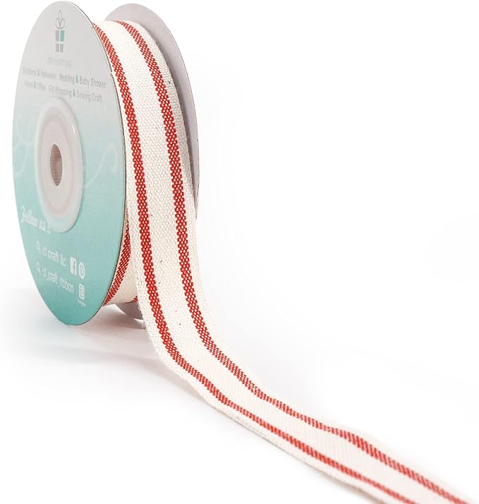 CT CRAFT LLC Ivory Cotton Red Stripes Ribbon 5/8" x 10 Yards by CTCRAFTLLC