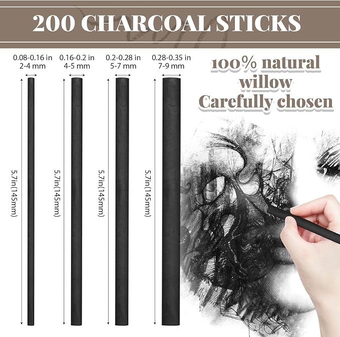 Gueevin 200 Pcs Willow Charcoal Sticks, Willow Charcoal, and Fine Art Christmas - Image 2