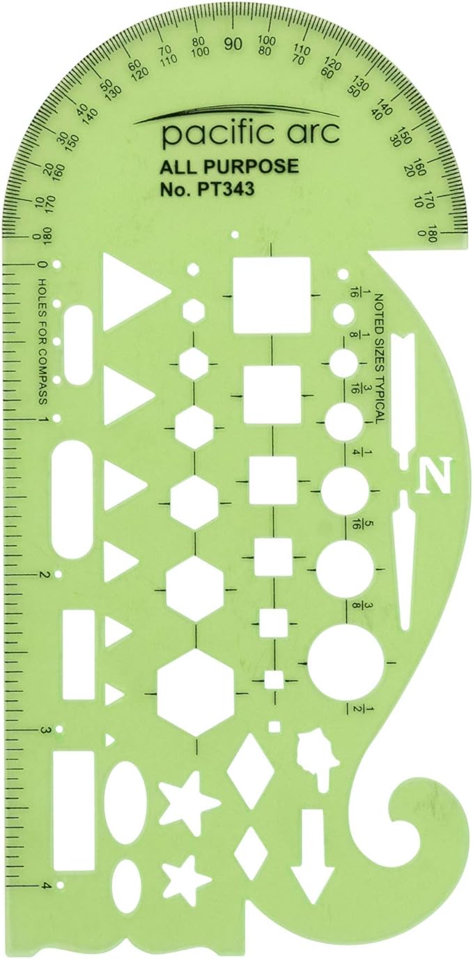 Pacific Arc All Purpose Template Guide, Featuring A Protractor, 4 Inch Ruler by PacificArc