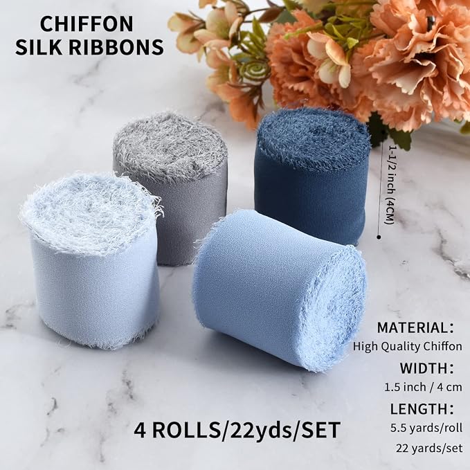 TONIFUL 4 Rolls Silk Chiffon Ribbon, 1-1/2 Inch x 22yds, Dusty Blue Chiffon - Image 2