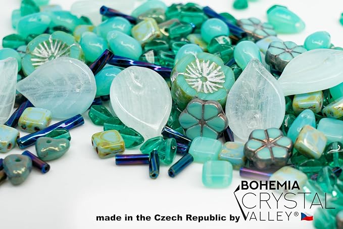 2.1oz Mix of Unique Czech Bohemia Glass Pressed Beads, Opaque Turquoise Green - Image 4