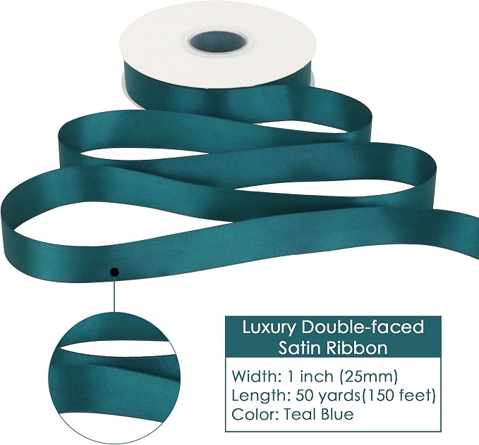 HUIHUANG Teal Green Ribbon 1 inch x 50 Yards Double-Faced Satin Silk Ribbon - Image 2