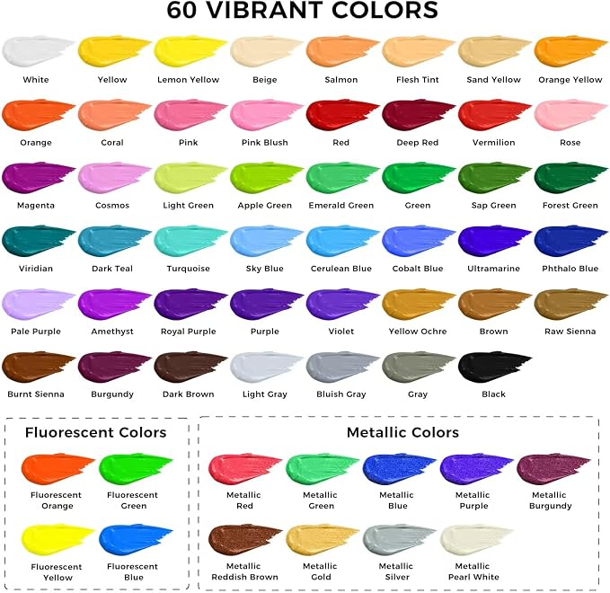 ARTME Acrylic Paint Set, 60 Colors in 2oz/60ml Bottles, Non Toxic, Waterproof - Image 2