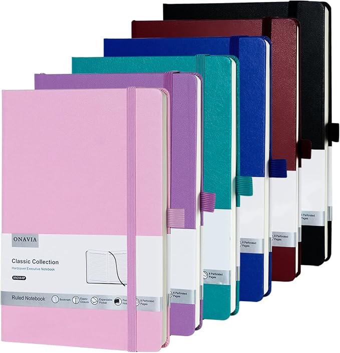 6 Pack Lined Journal Notebooks for Work, A5 Size 100 GSM Thick Paper, Classic by ONAVIA