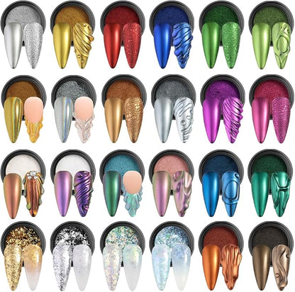 24 Jars Chrome Nail Powder Metallic Mirror Effect Pigment Iridescent Aurora by SUTOKAKA