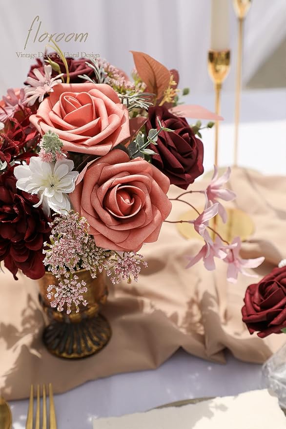 Floroom Artificial Flowers 50pcs Real Looking Burgundy & Pinky Cedar Foam Fake - Image 4