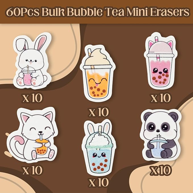 Fall Bubble Tea Mini Eraser for Kids Bulk 60P Cute Kawaii Panda Rabbit Cat Boba - Image 2