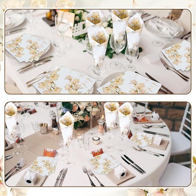 60 Pcs White Magnolia Floral Cocktail Paper Napkins 6.5 x 6.5 Inches Disposable - Image 5