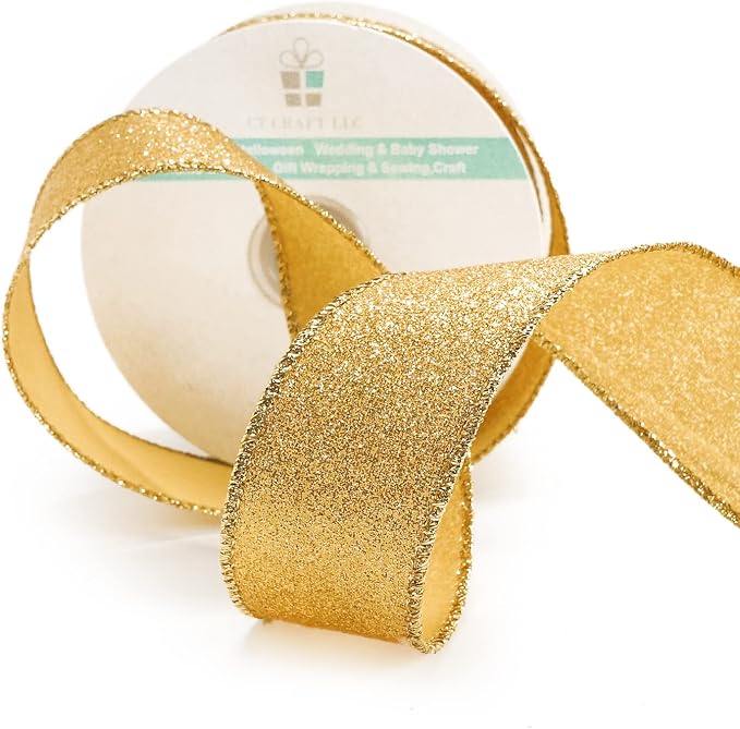 CT CRAFT LLC Glitter Wired Ribbon 1.5" x 10 Yards Yellow Gold - Image 3