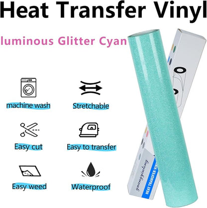 guangyintong Glow Glitter Cyan Heat Transfer Vinyl HTV Rolls, Glitter HTV Vinyl - Image 6