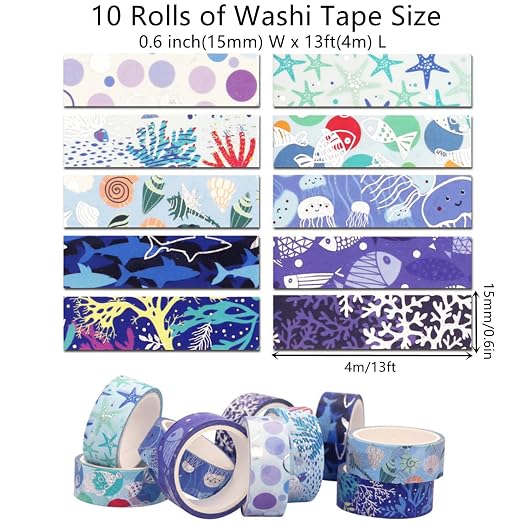 Blue Ocean Washi Tape Set 10 Rolls Bronzing Sea Decorative Masking Tapes - Image 2