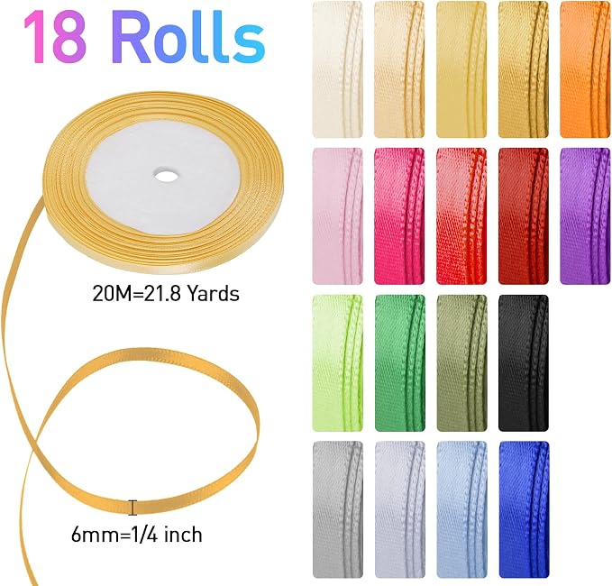 ABSOFINE 18 Colors Satin Ribbon Polyester, 1/4 inch Solid Fabric Ribbon Roll - Image 2
