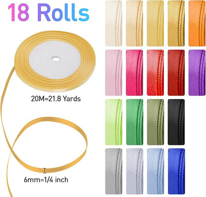 ABSOFINE 18 Colors Satin Ribbon Polyester, 1/4 inch Solid Fabric Ribbon Roll - Image 2