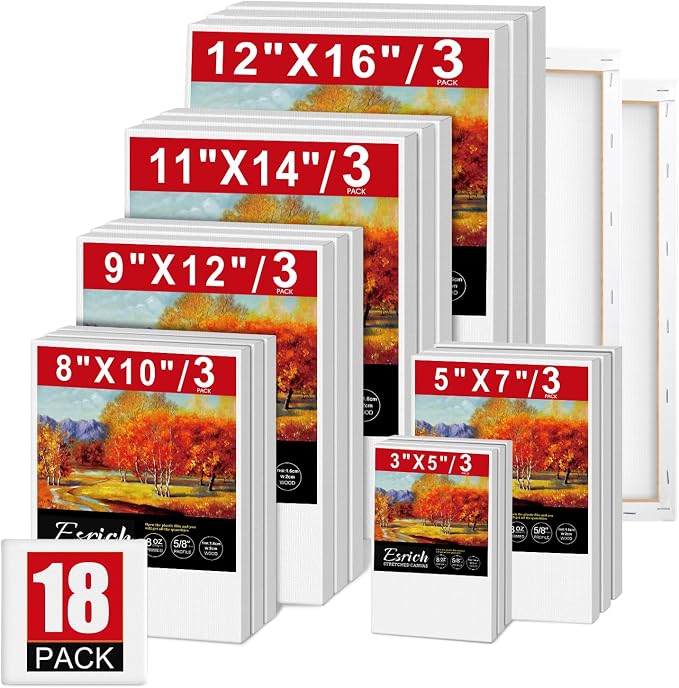 ESRICH Stretched Canvas for Painting, 18 Multi Pack Blank Canvases for Painting by ESRICH