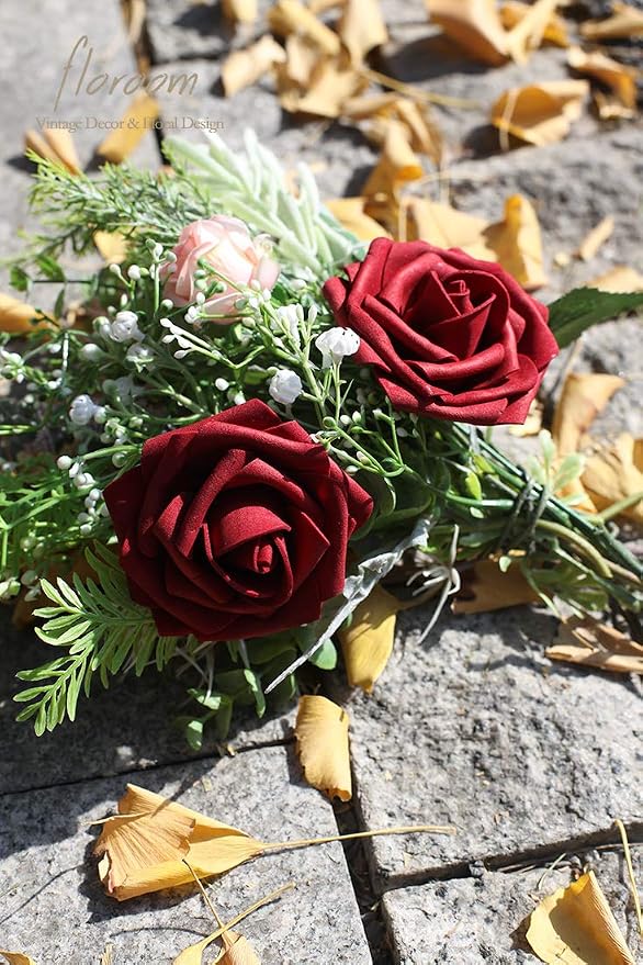 Floroom Artificial Flowers 50pcs Real Looking Burgundy Foam Fake Roses - Image 6