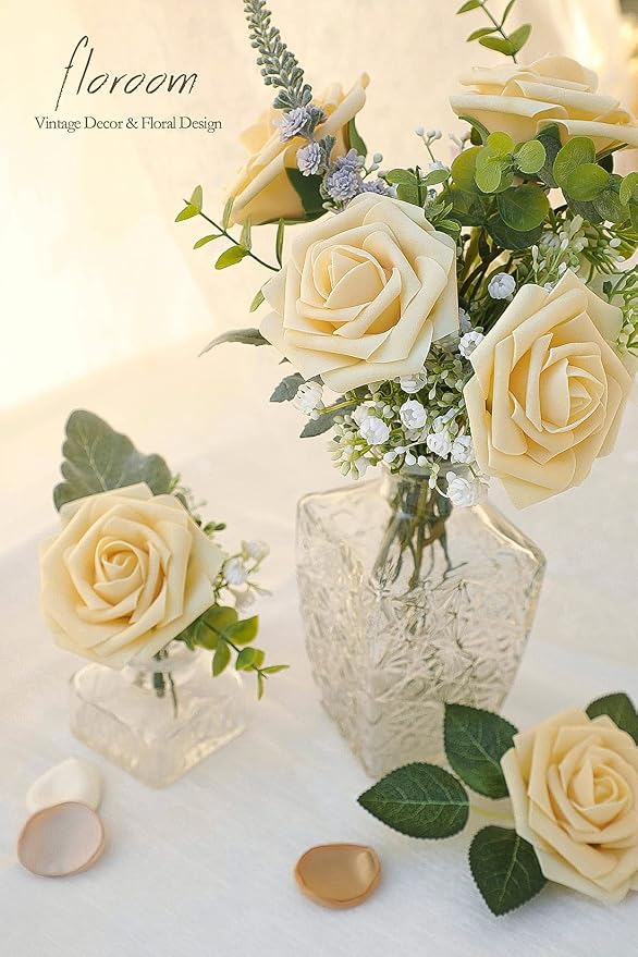 Floroom Artificial Flowers 25pcs Real Looking Creamy Yellow Foam Fake Roses - Image 3