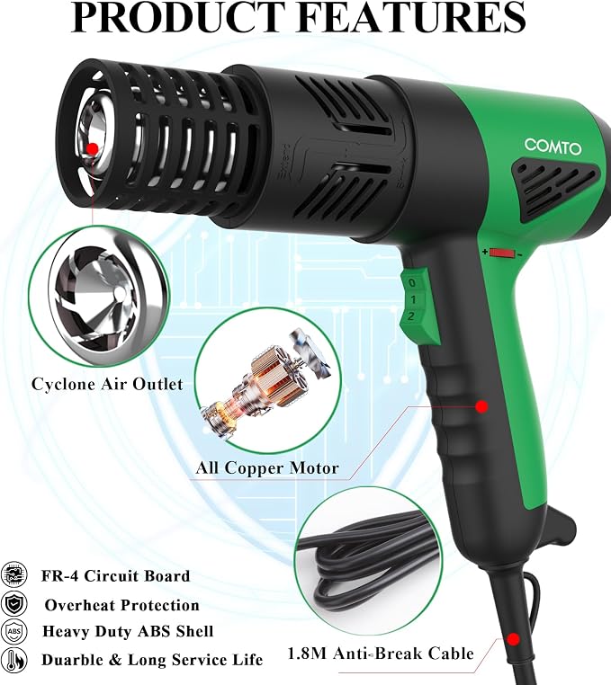 1800W Industrial Heat Gun, Fast Heating 122℉-1202℉ Variable Temperature Control - Image 3