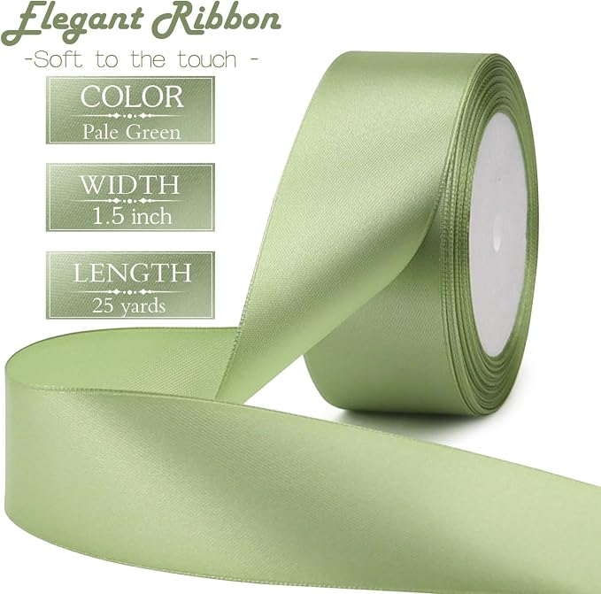 Pale Green Solid Satin Ribbon 1-1/2 Inch 25 Yards Solid Polyester Fabric Ribbon - Image 2
