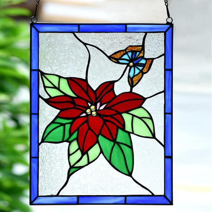 PA0020 Christmas Flower Stained Glass Hanging Panel-10 Wx13.25 H Window - Image 3