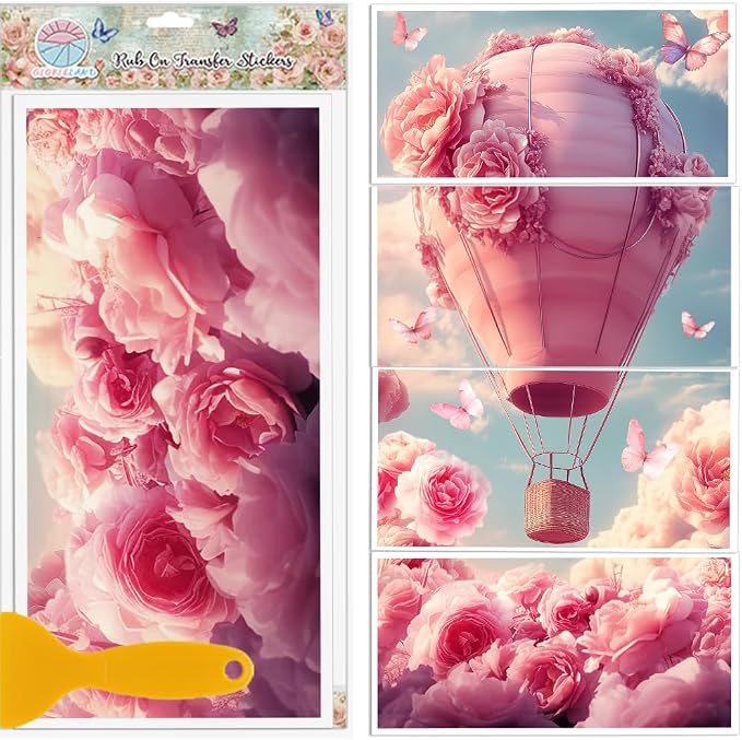 GLOBLELAND 4 Sheets Pink Roses Hot Air Balloons Rub on Transfers Pink Flower by GLOBLELAND