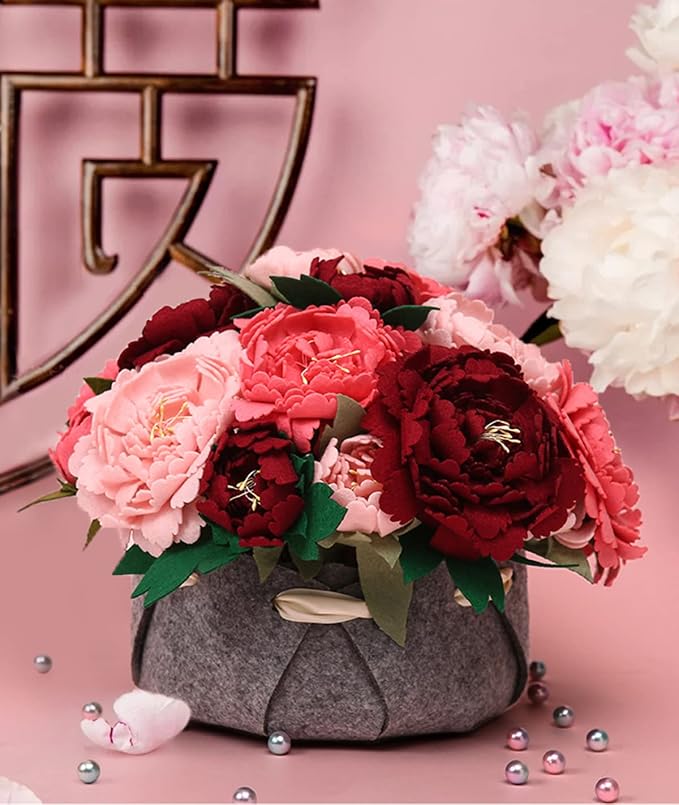 BAZIMA DIY Felt Flower Art Craft Kit, DIY Felt Peony Pot Bonsai Kit, 18 Peonies - Image 2