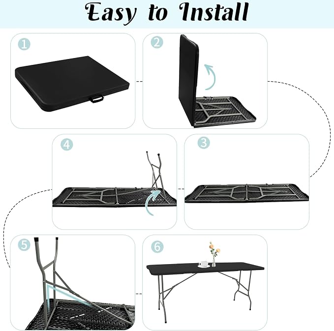 2 Pack 6 FT Folding Tables Black Foldable Table, Fold-in-Half - Image 6