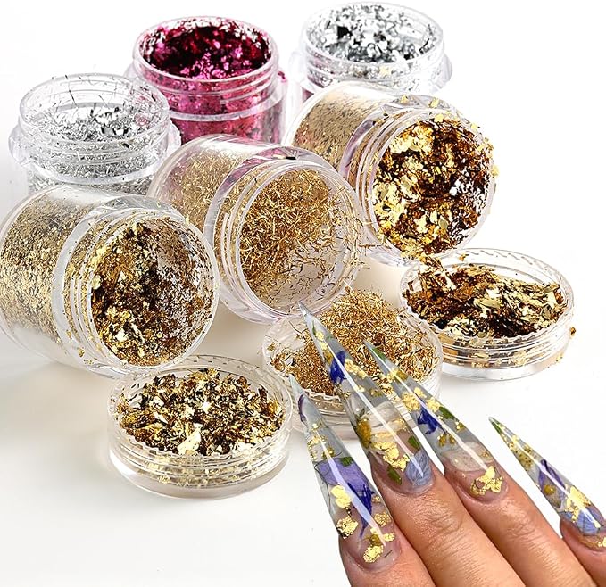 6 Bottles Holographic Nail Glitter Foils, Metallic Gold Silver Hot Pink by SUTOKAKA