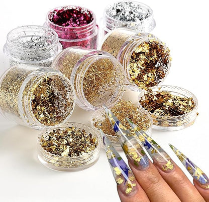 6 Bottles Holographic Nail Glitter Foils, Metallic Gold Silver Hot Pink by SUTOKAKA