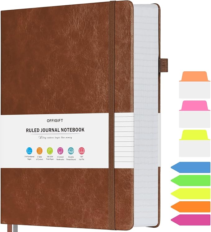 Lined Journal Notebook, Large A5 Hardcover Leather Journal, 312 Numbered Pages by OFFIGIFT