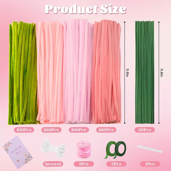 400 Pcs Pipe Cleaners Craft Set, 4 Assorted Pink Pipe Cleaners Bulk, Chenille - Image 2