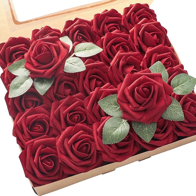 Floroom Artificial Flowers 50pcs Real Looking Dark Red Foam Fake Roses by Floroom