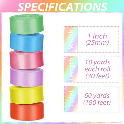 1 Inch Rainbow Satin Ribbons for Crafts, 6 Rolls Single-Faced Rainbow Assorted - Image 2