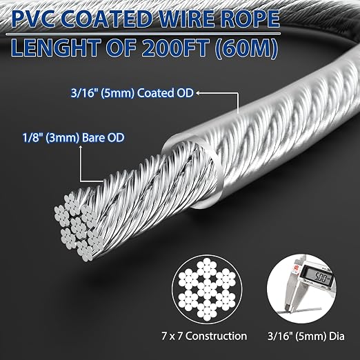 3/16" Wire Rope, 200Ft PVC Coated Steel Cable 7×7 Strand Core, Ideal Cable - Image 2